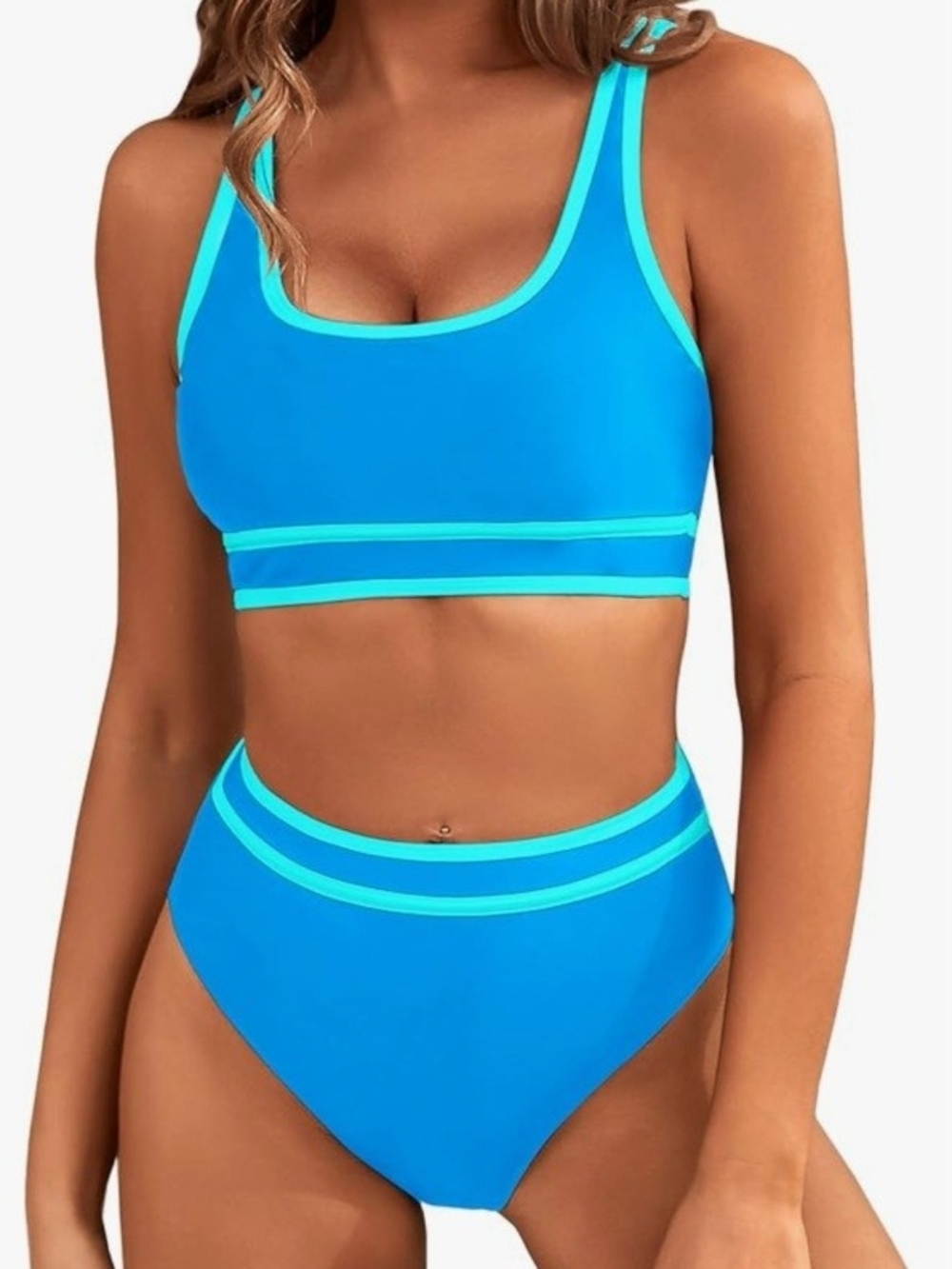 Blooming Jelly. Turquoise Trim Blue High-Waist Bikini Set. Size Medium. NWT.